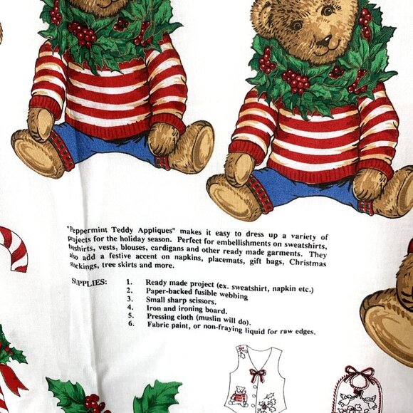 Peppermint Teddy Appliques Fabric Panel 35"x44" Christmas Bows Holly Bears - Picture 3 of 8
